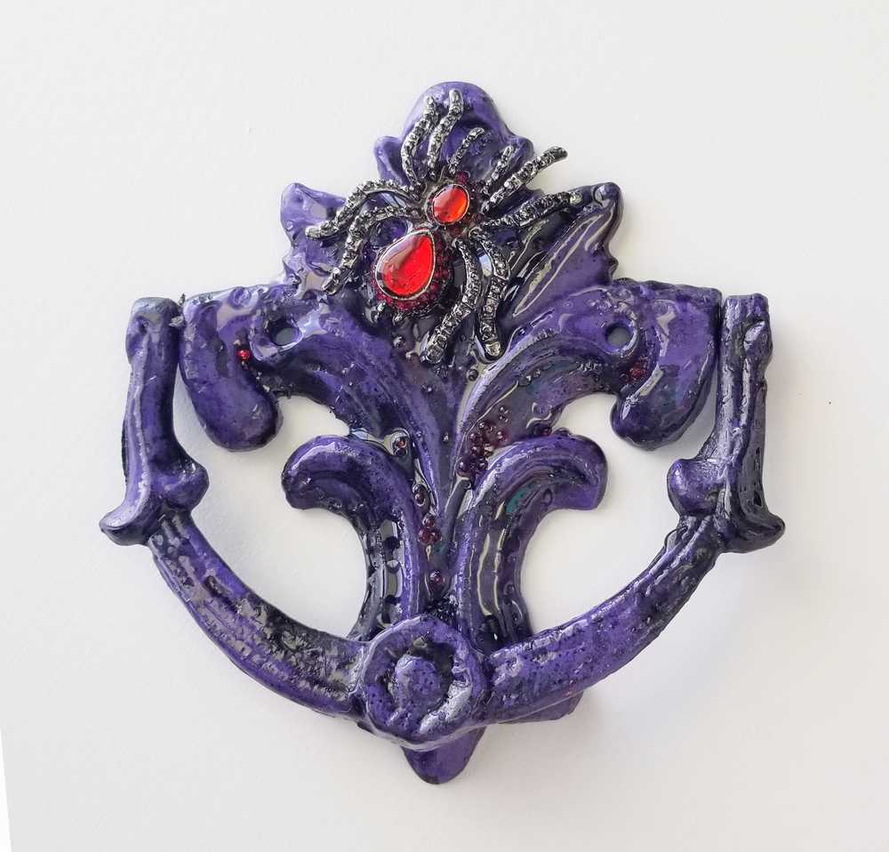 Antique Heavy Metal Door Knocker Painted Deep Purple with Red Studded Gemstone Spider