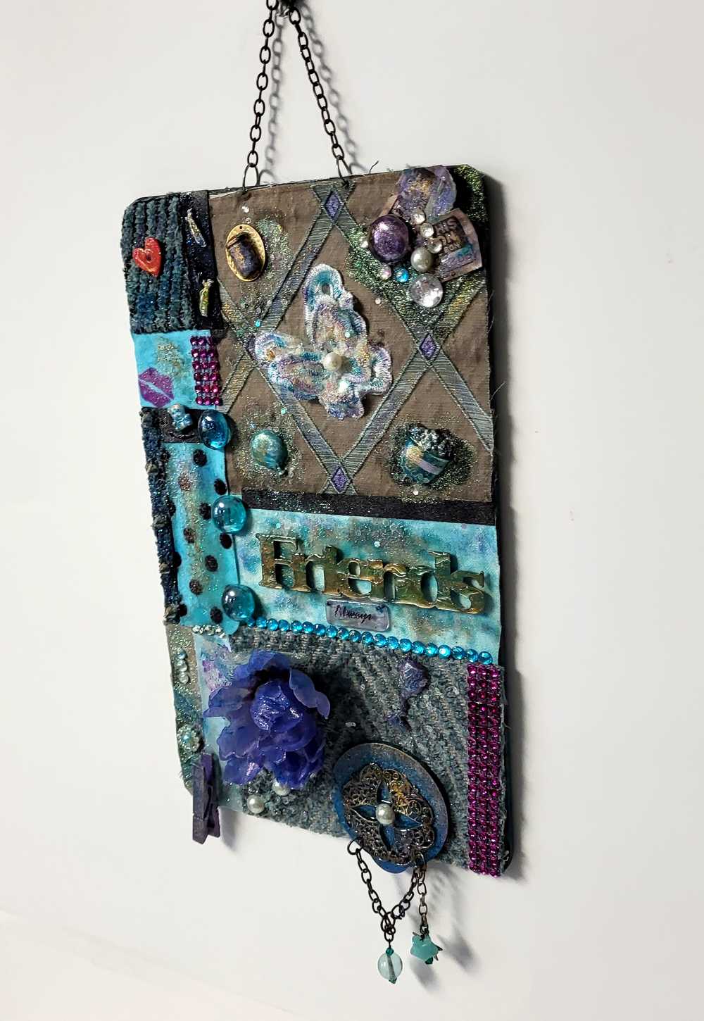 "Friend's" Wall Hanging Collage Using Fabrics In Blues, Purples and Teals, and Holds your "BEST FRIENDS" Photo