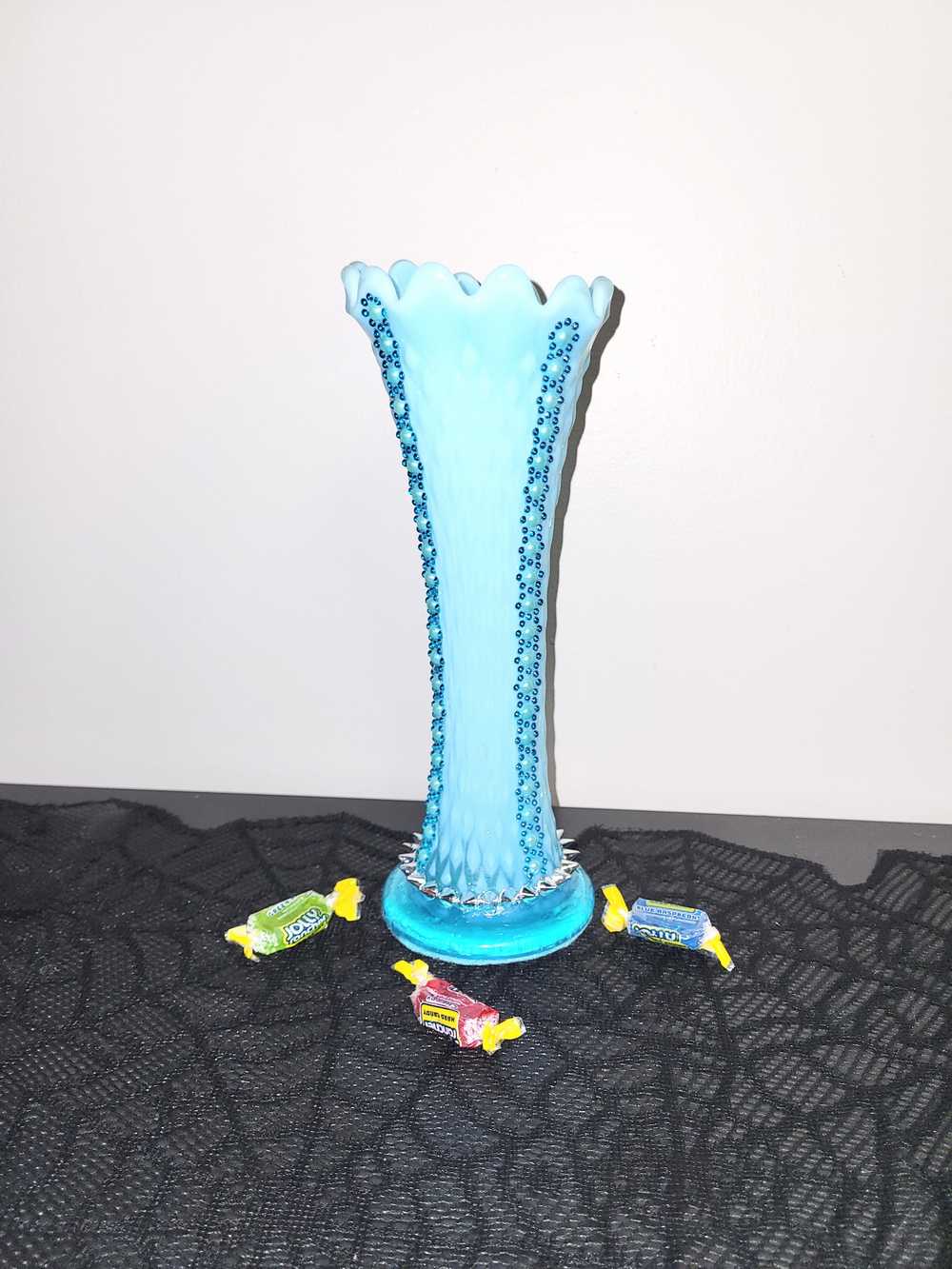 Tall Milky Teal Ruffled Edge Vase with Rows of Teal Flower Sequence Up & Down