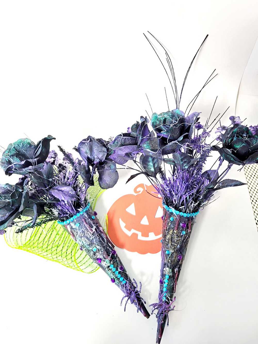 Goth Flower Arrangement, Black & Purple Roses in a Tin Match Cone, with Spiders & Skulls