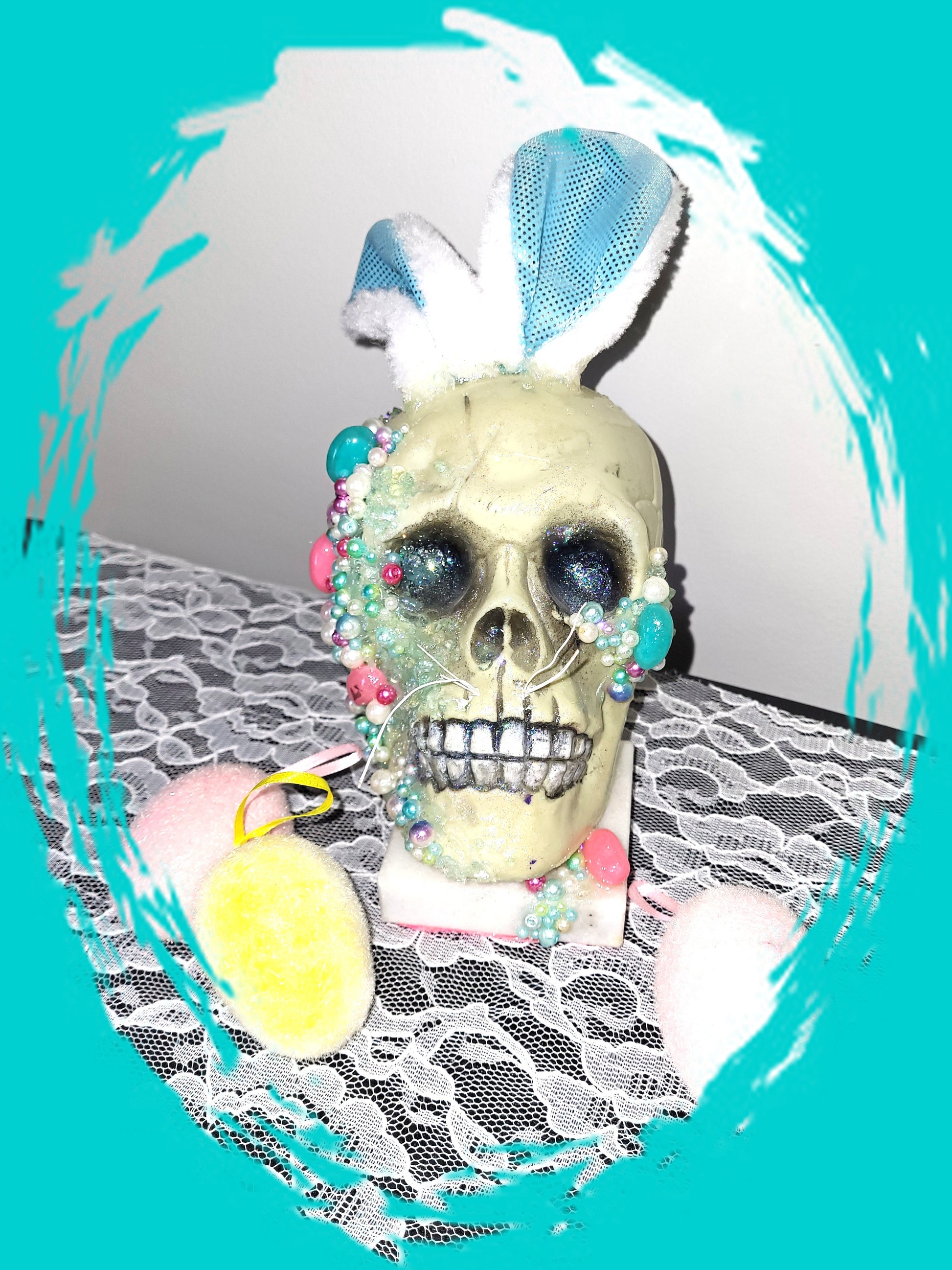 Resin Encased Easter Bunny Skull with Jelly Beans, Pearls & Glitter on a Marble Base