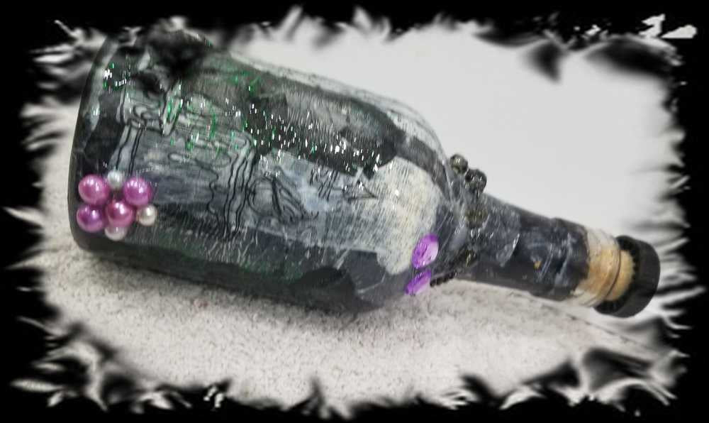 Altered Glass Bottle, Decanter, with a Crow, Chain with Keys, Purple Gems, Re-Usable