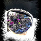 Wood Basket Covered with Black Skull Fabric, with a Purple & Black Flower, Blue Glass Cabochons & a Large Sparkley Spider