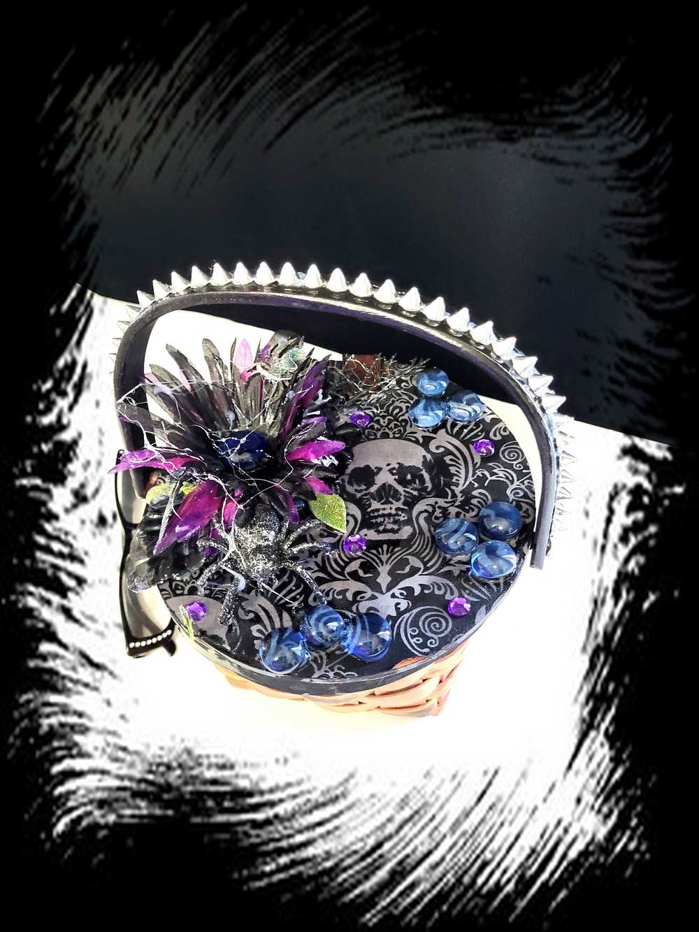 Wood Basket Covered with Black Skull Fabric, with a Purple & Black Flower, Blue Glass Cabochons & a Large Sparkley Spider