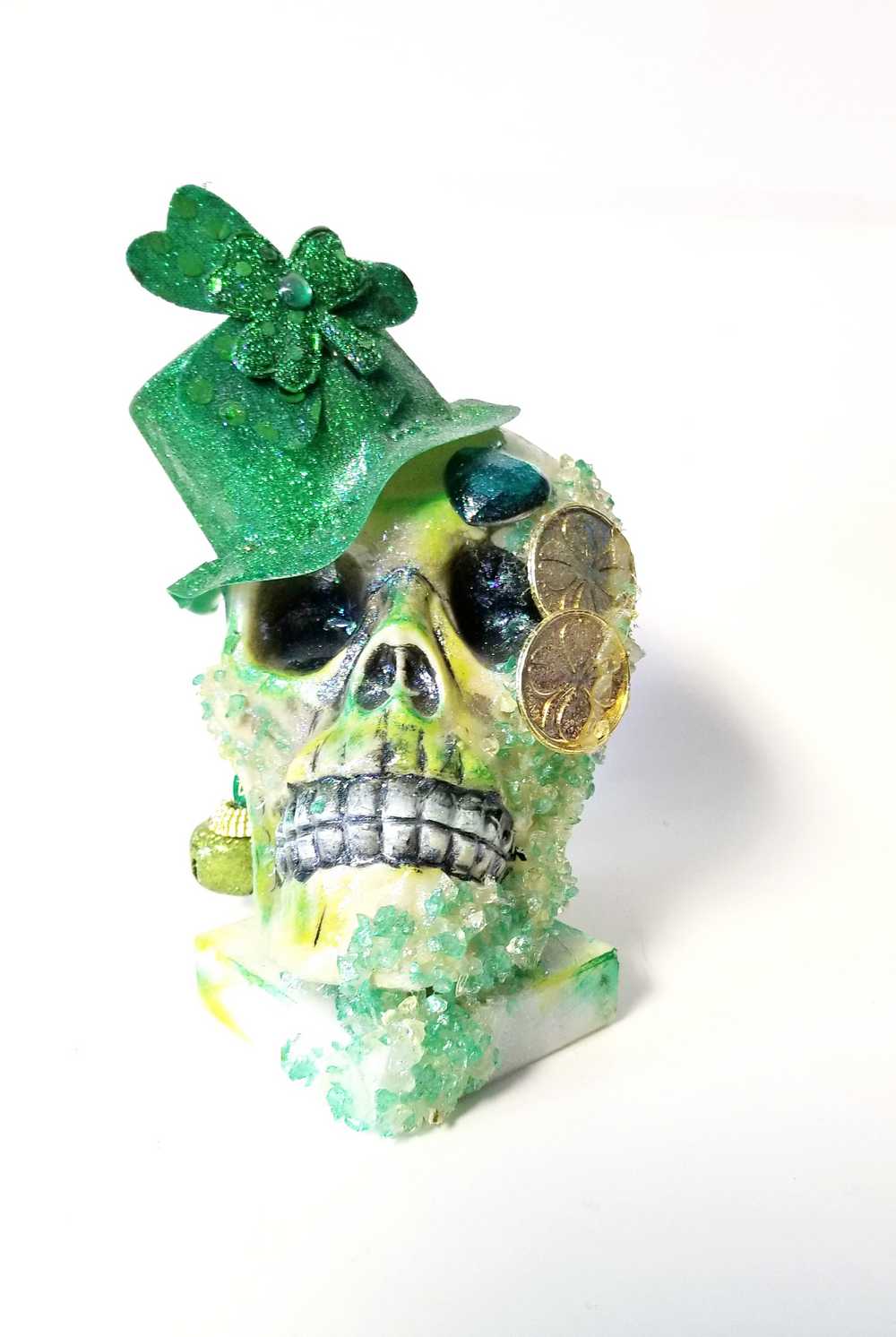 Handmade Resin St. Patrick's Day Skull with Top Hat, Shamrock, Bell & Gold Coins on a Marble Base