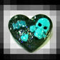 Black Porcelain Heart Shaped Brooch with a Teal Skull, Love and a Heart Charm