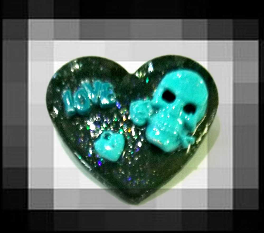 Black Porcelain Heart Shaped Brooch with a Teal Skull, Love and a Heart Charm