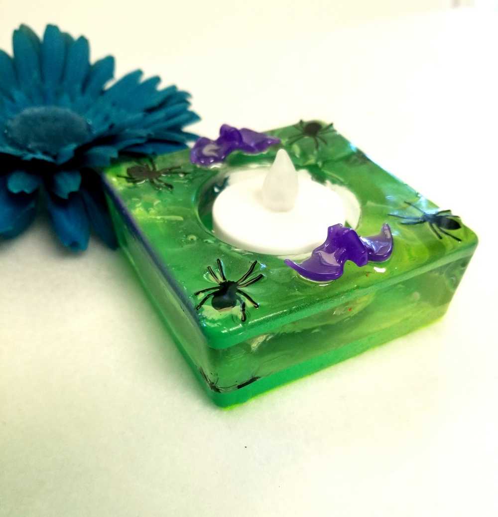 Square Green Candle Holder for a Battery Candle with Black Spiders and Purple Bats