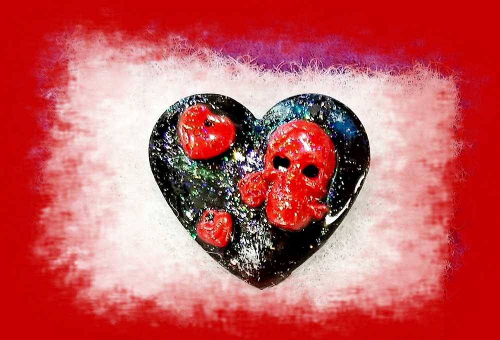 Black Porcelain Heart Shaped Brooch with Red Skull and Heart Charms