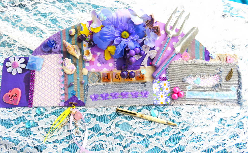 Blue Jean Fabric Wall Plaque with Garden Tools, Purple Flowers, Grapes and Seashells