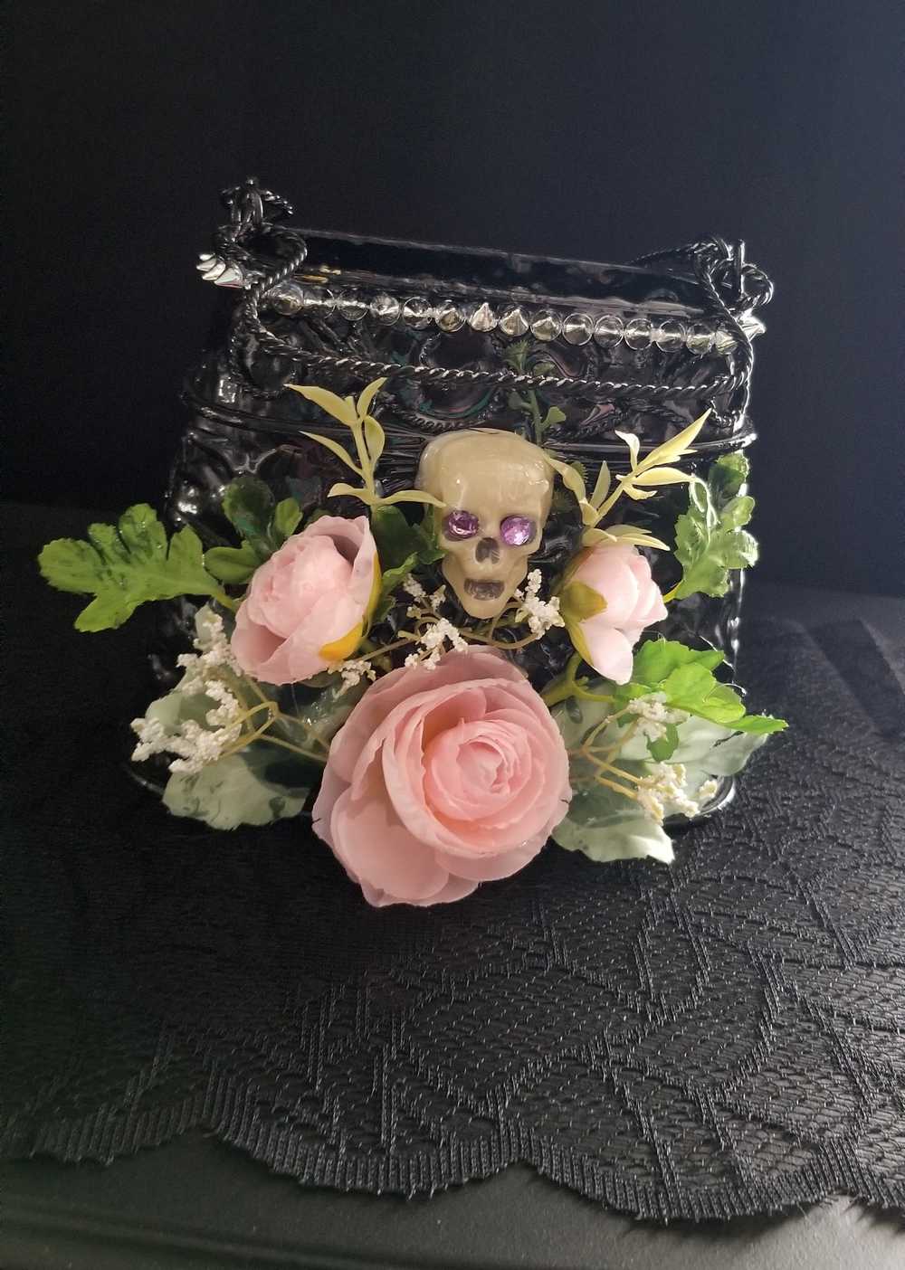 Black Metal Skull Container, with Pink Roses, Container for Dry/Silk Flowers