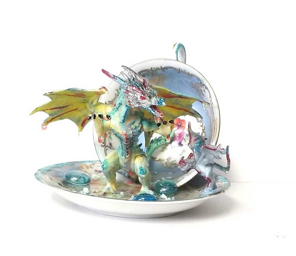 Fighting Dragons in a Vintage Teacup and Saucer Encased in Resin