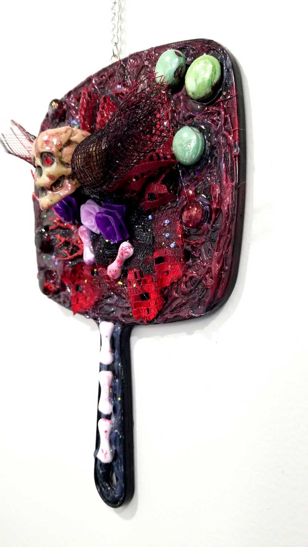 Black Hand Mirror, with Skull, Bones, Black & Red Lace, Goth Art