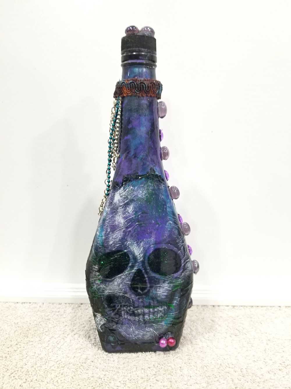 Altered Glass Bottle, Decoupage Skull Art Bottle for Re-Use