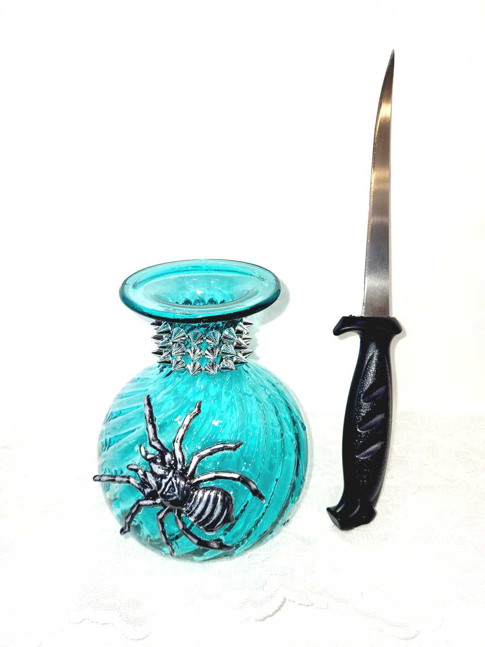 Intense Teal Glass Vase with Shining Silver Studs and a Textured 3D Spider