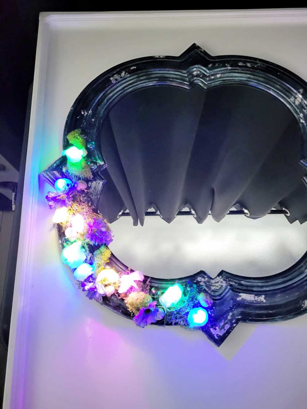 Black Hand Painted Unique Shaped Wall Mirror with Handmade Mushroom Colored Lights, 3 Settings