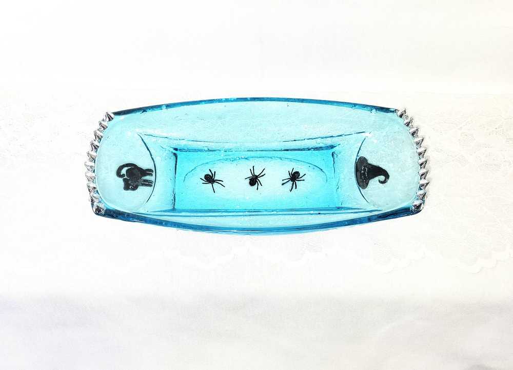 Long Teal Altered Glass Candy Dish with Silver Studs, a Black Cat and a Witch Hat