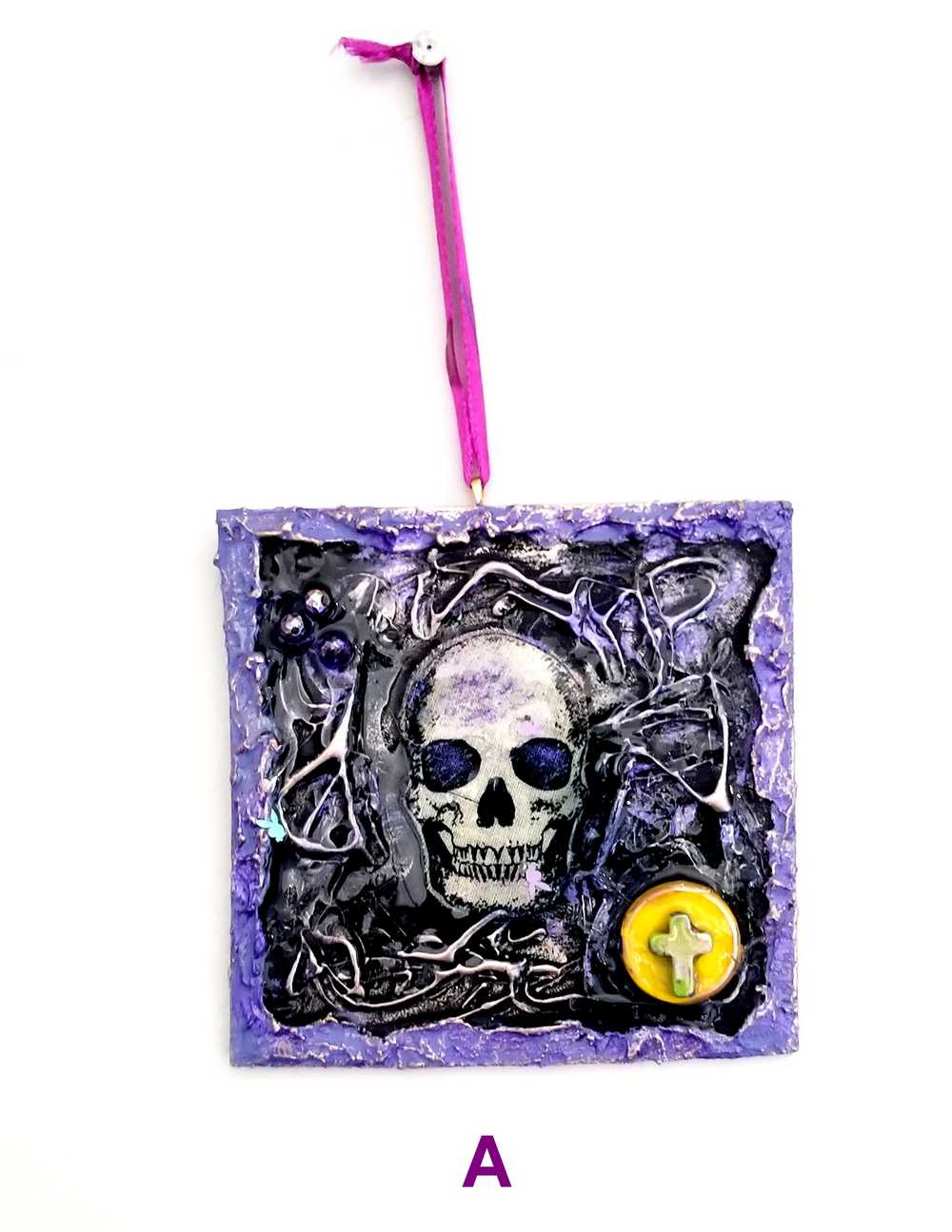 Purple and Black Skull Fabric Faces on Wood Ornaments For your Car, Window, School Locker or Christmas Tree