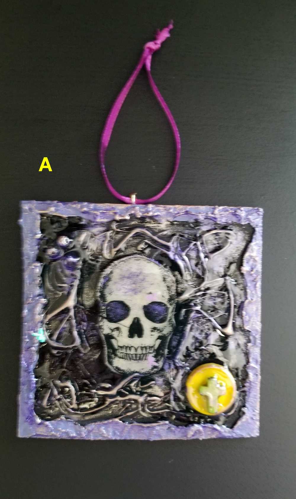 Purple and Black Skull Fabric Faces on Wood Ornaments For your Car, Window, School Locker or Christmas Tree