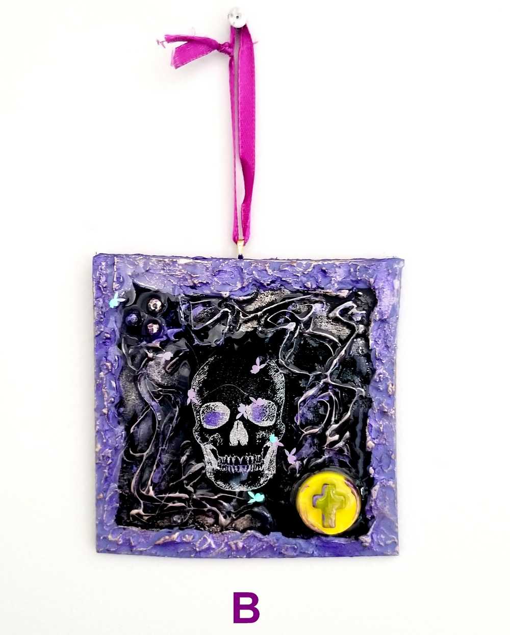 Purple and Black Skull Fabric Faces on Wood Ornaments For your Car, Window, School Locker or Christmas Tree