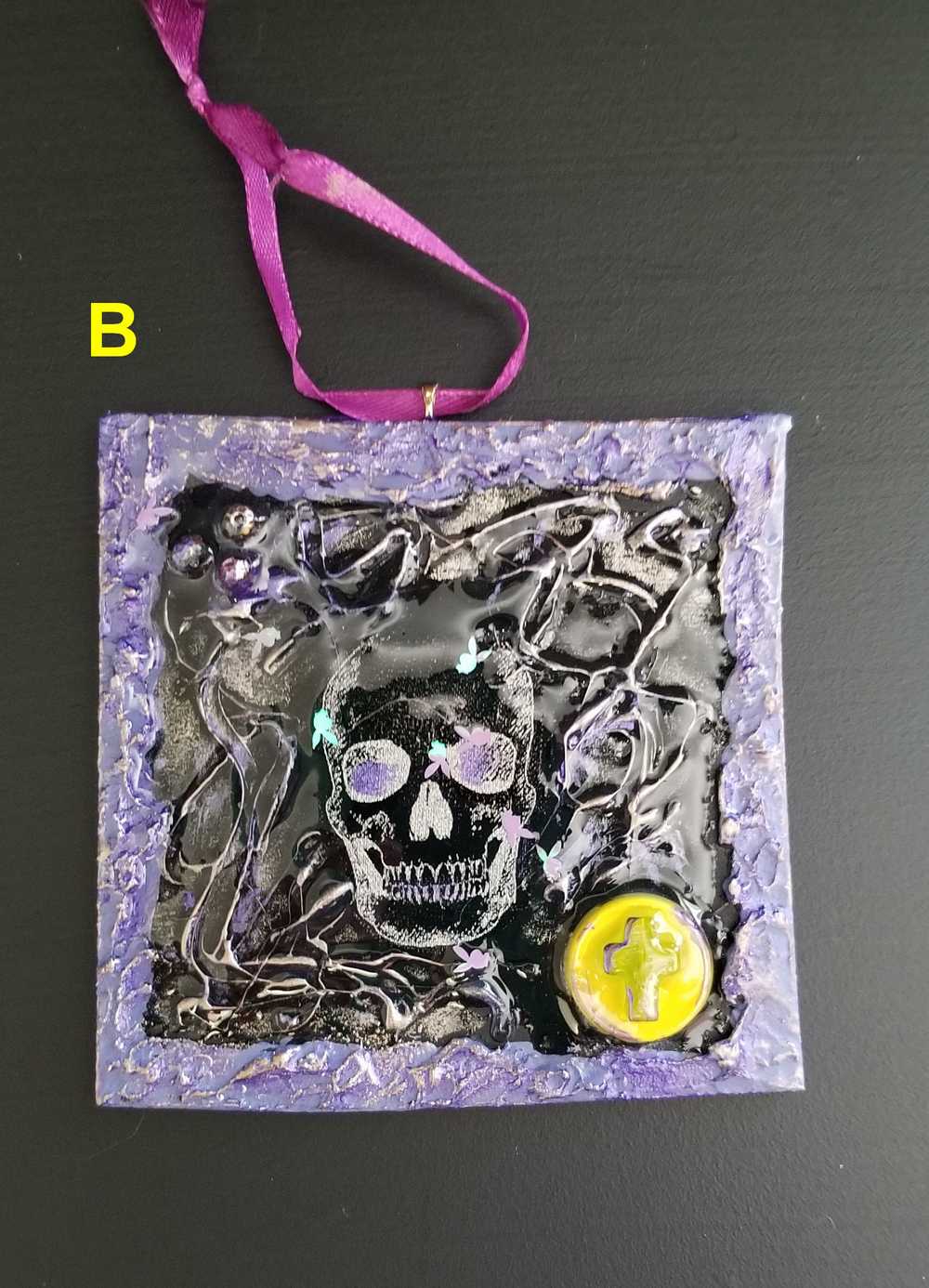 Purple and Black Skull Fabric Faces on Wood Ornaments For your Car, Window, School Locker or Christmas Tree