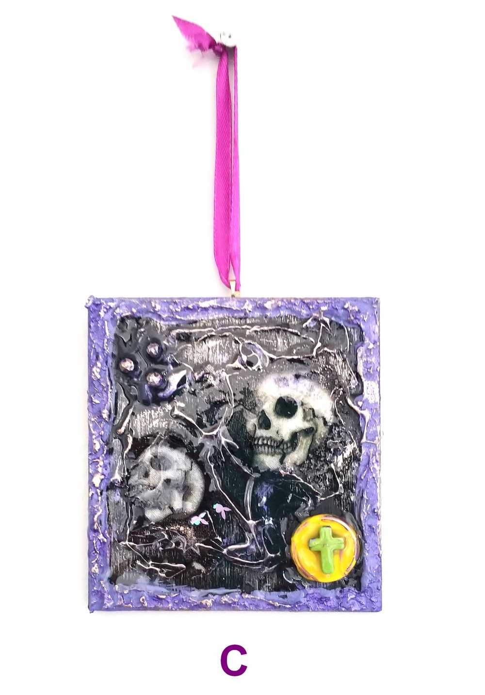 Purple and Black Skull Fabric Faces on Wood Ornaments For your Car, Window, School Locker or Christmas Tree