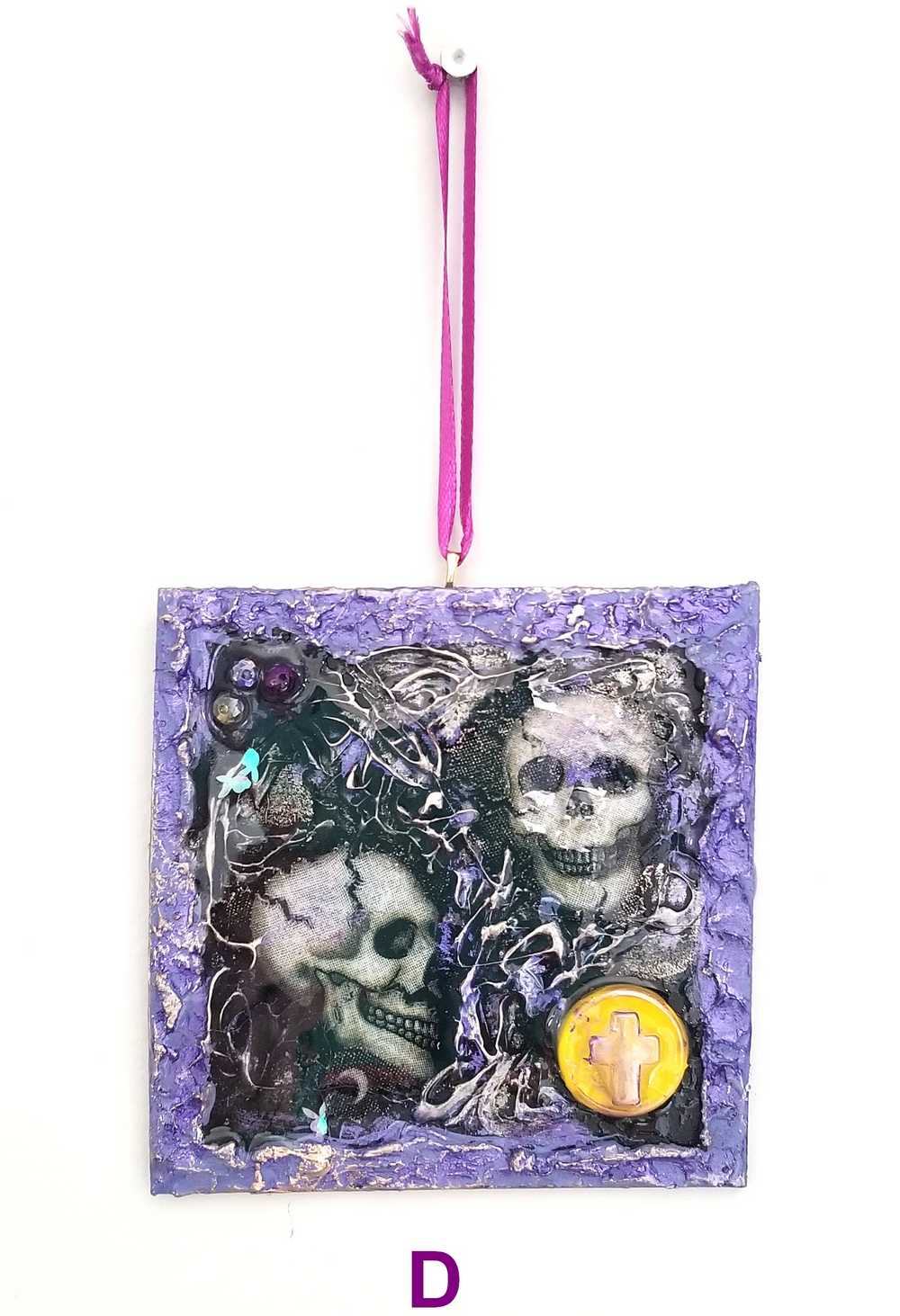 Purple and Black Skull Fabric Faces on Wood Ornaments For your Car, Window, School Locker or Christmas Tree