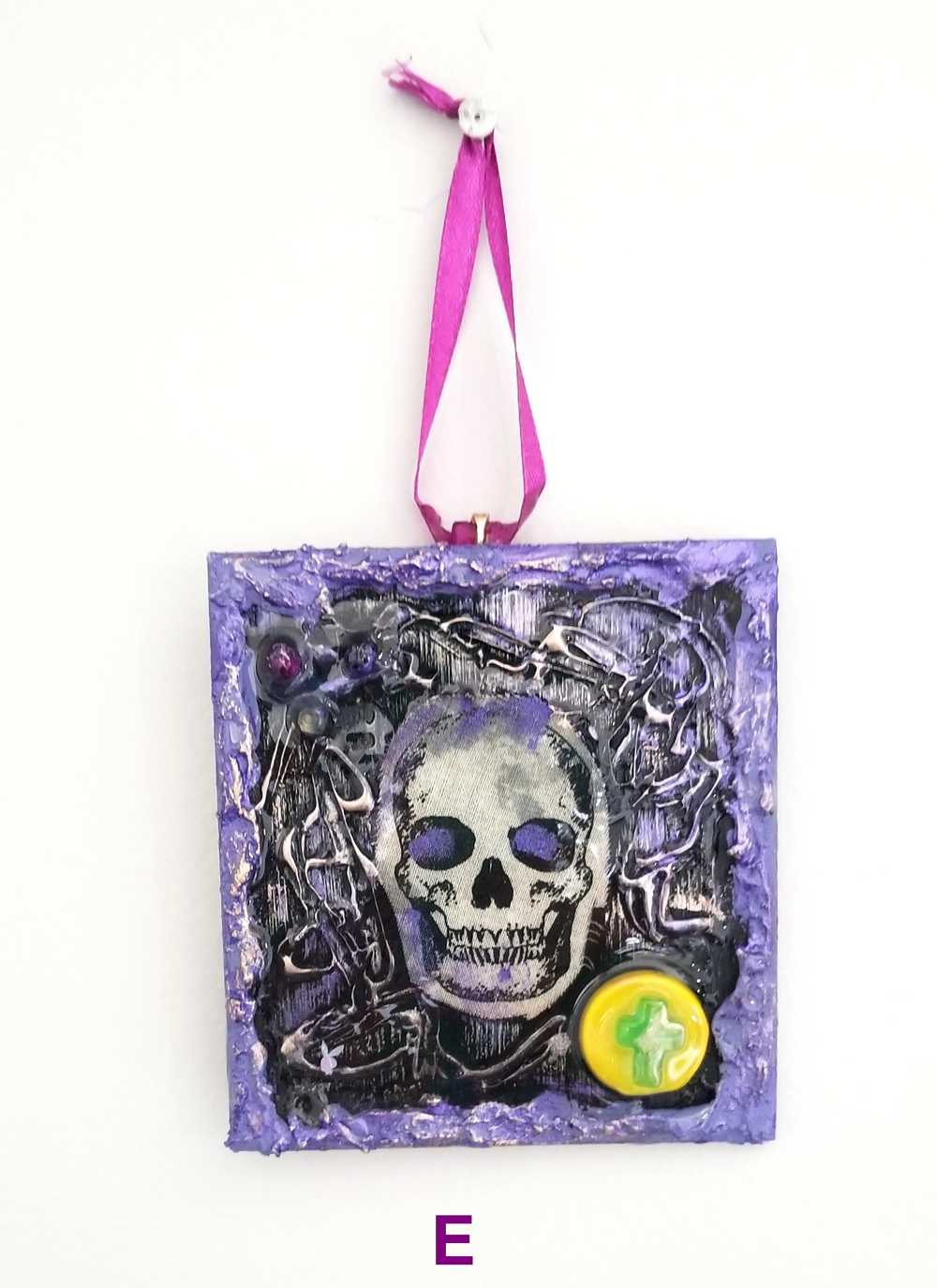 Purple and Black Skull Fabric Faces on Wood Ornaments For your Car, Window, School Locker or Christmas Tree