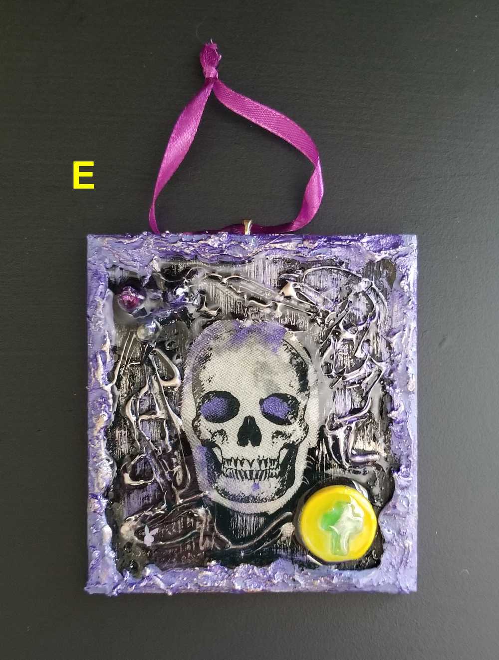 Purple and Black Skull Fabric Faces on Wood Ornaments For your Car, Window, School Locker or Christmas Tree