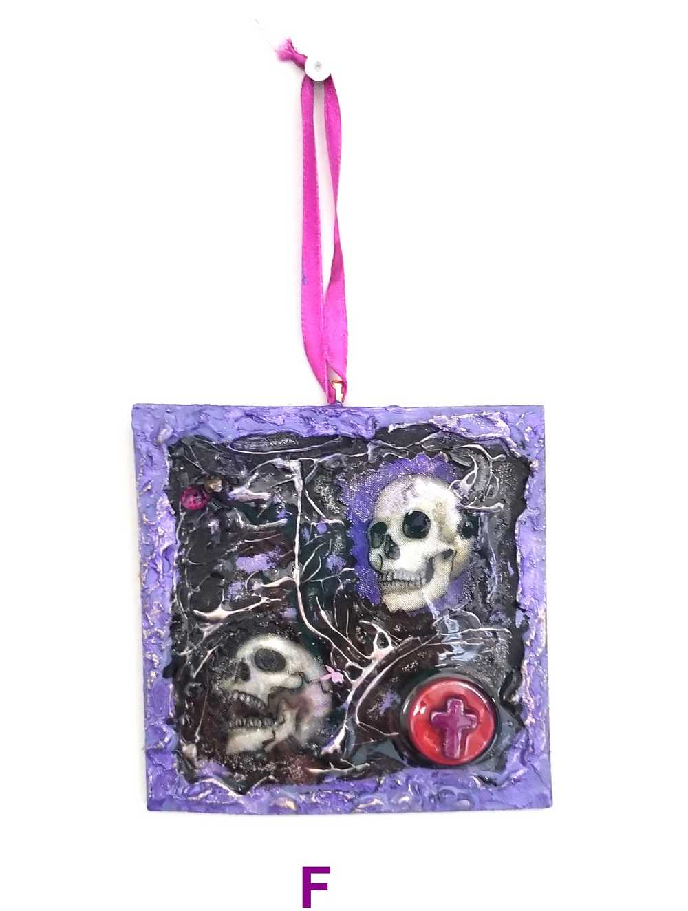 Purple and Black Skull Fabric Faces on Wood Ornaments For your Car, Window, School Locker or Christmas Tree