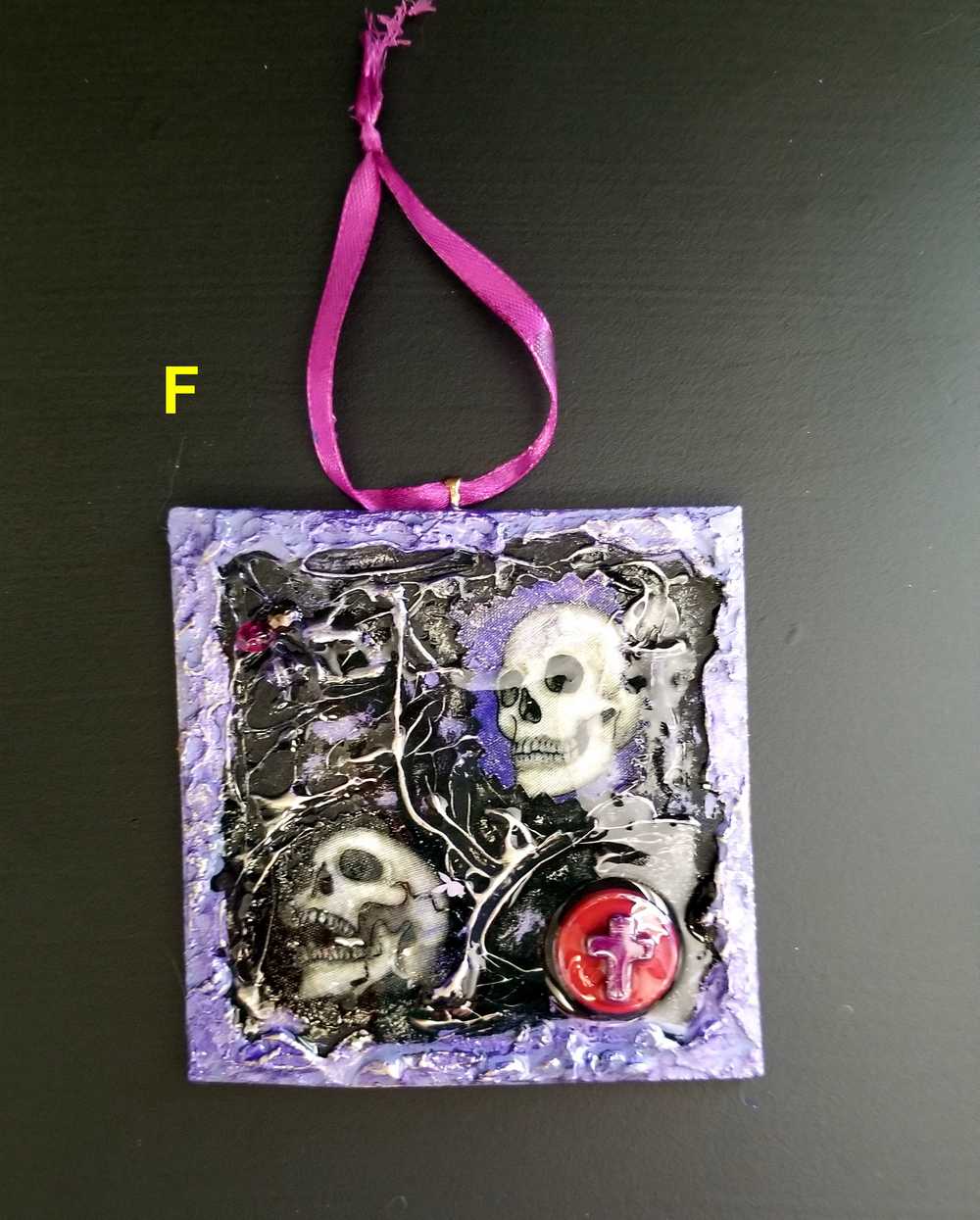 Purple and Black Skull Fabric Faces on Wood Ornaments For your Car, Window, School Locker or Christmas Tree