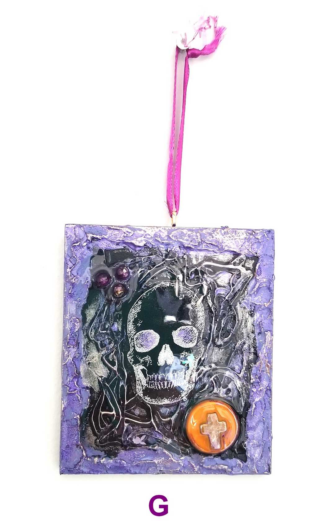 Purple and Black Skull Fabric Faces on Wood Ornaments For your Car, Window, School Locker or Christmas Tree