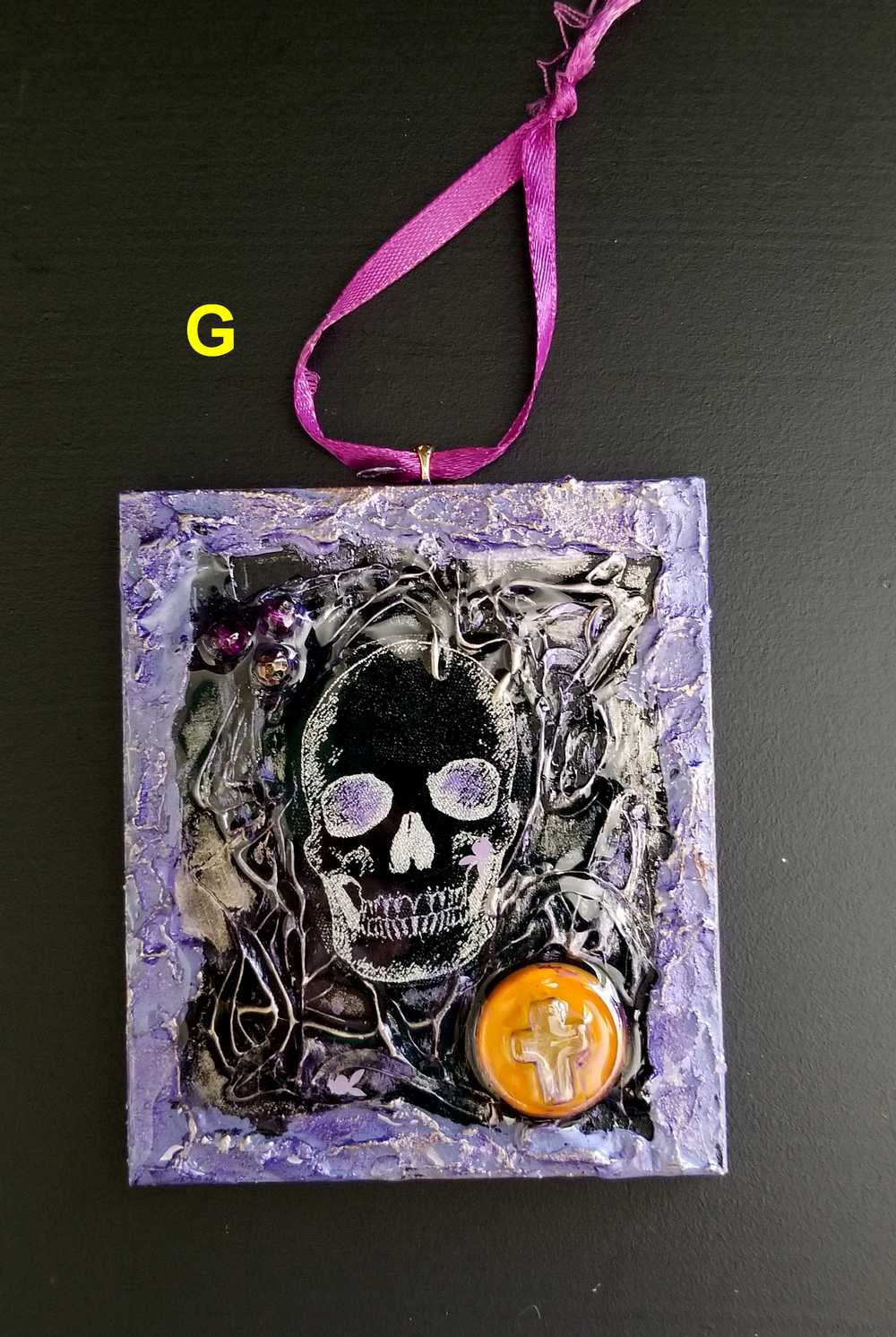 Purple and Black Skull Fabric Faces on Wood Ornaments For your Car, Window, School Locker or Christmas Tree