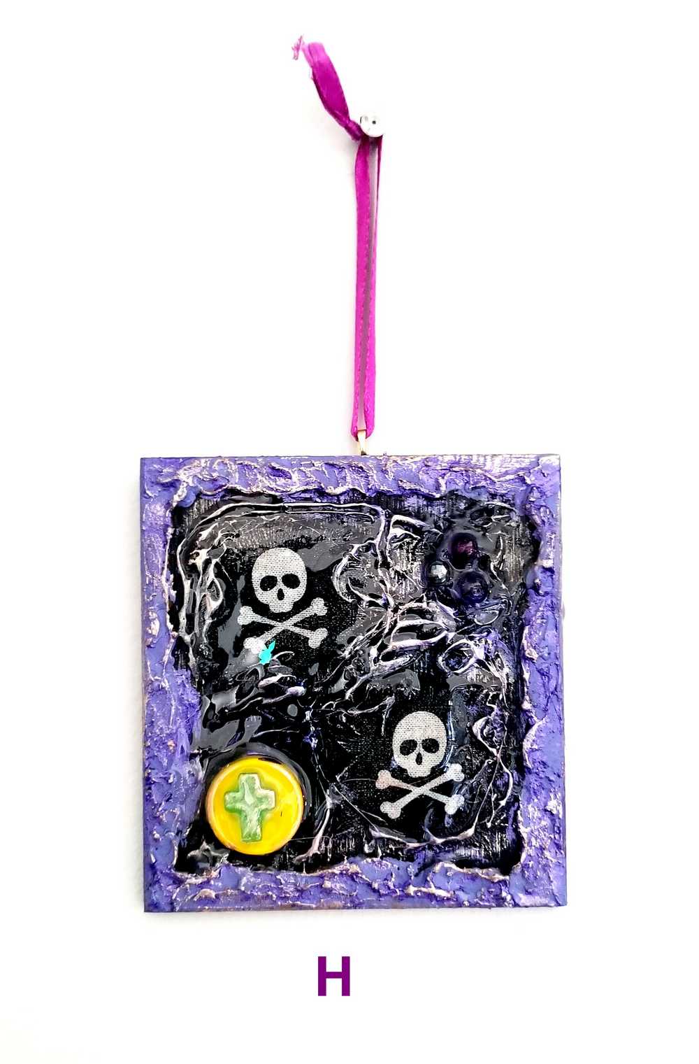 Purple and Black Skull Fabric Faces on Wood Ornaments For your Car, Window, School Locker or Christmas Tree