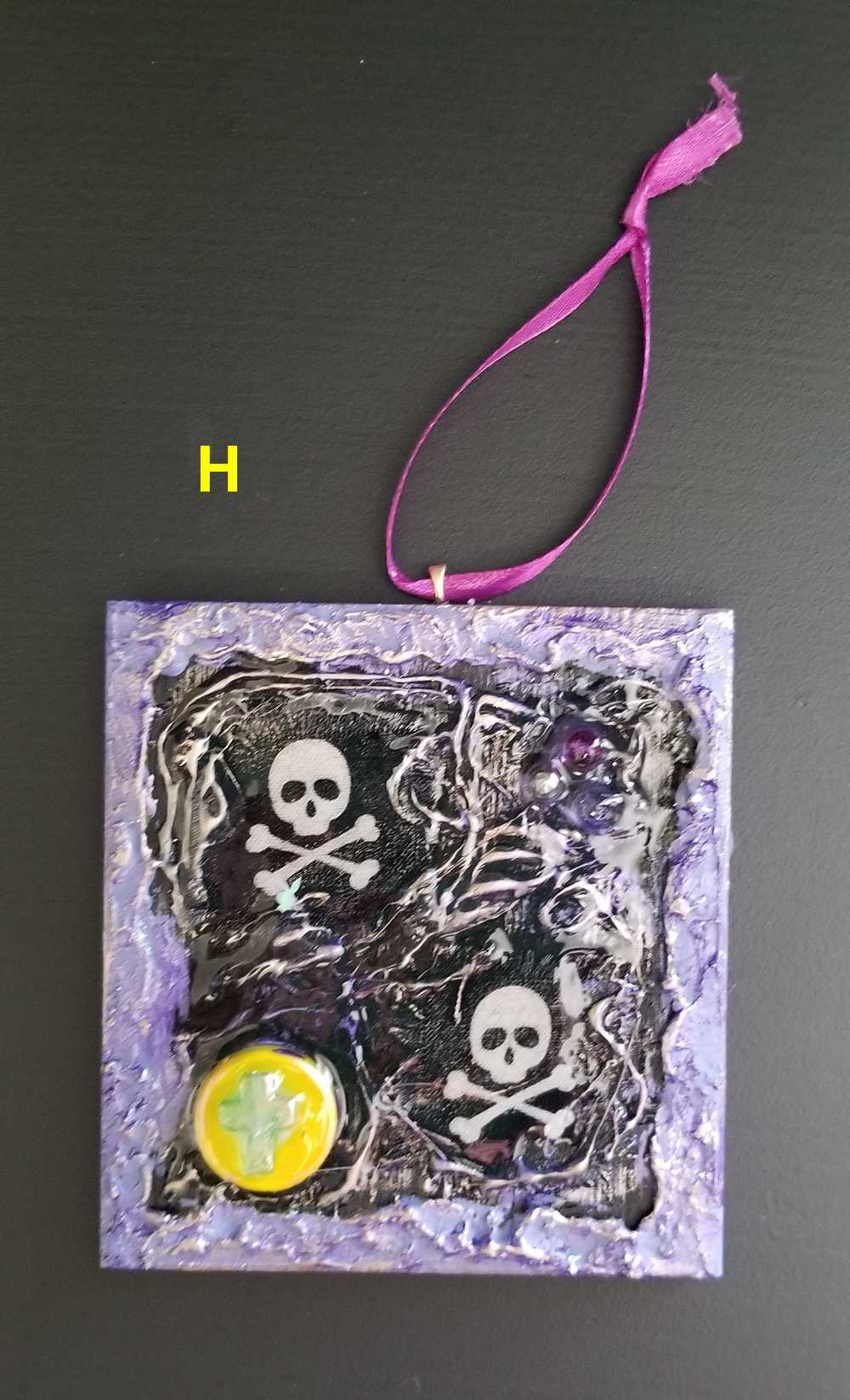 Purple and Black Skull Fabric Faces on Wood Ornaments For your Car, Window, School Locker or Christmas Tree