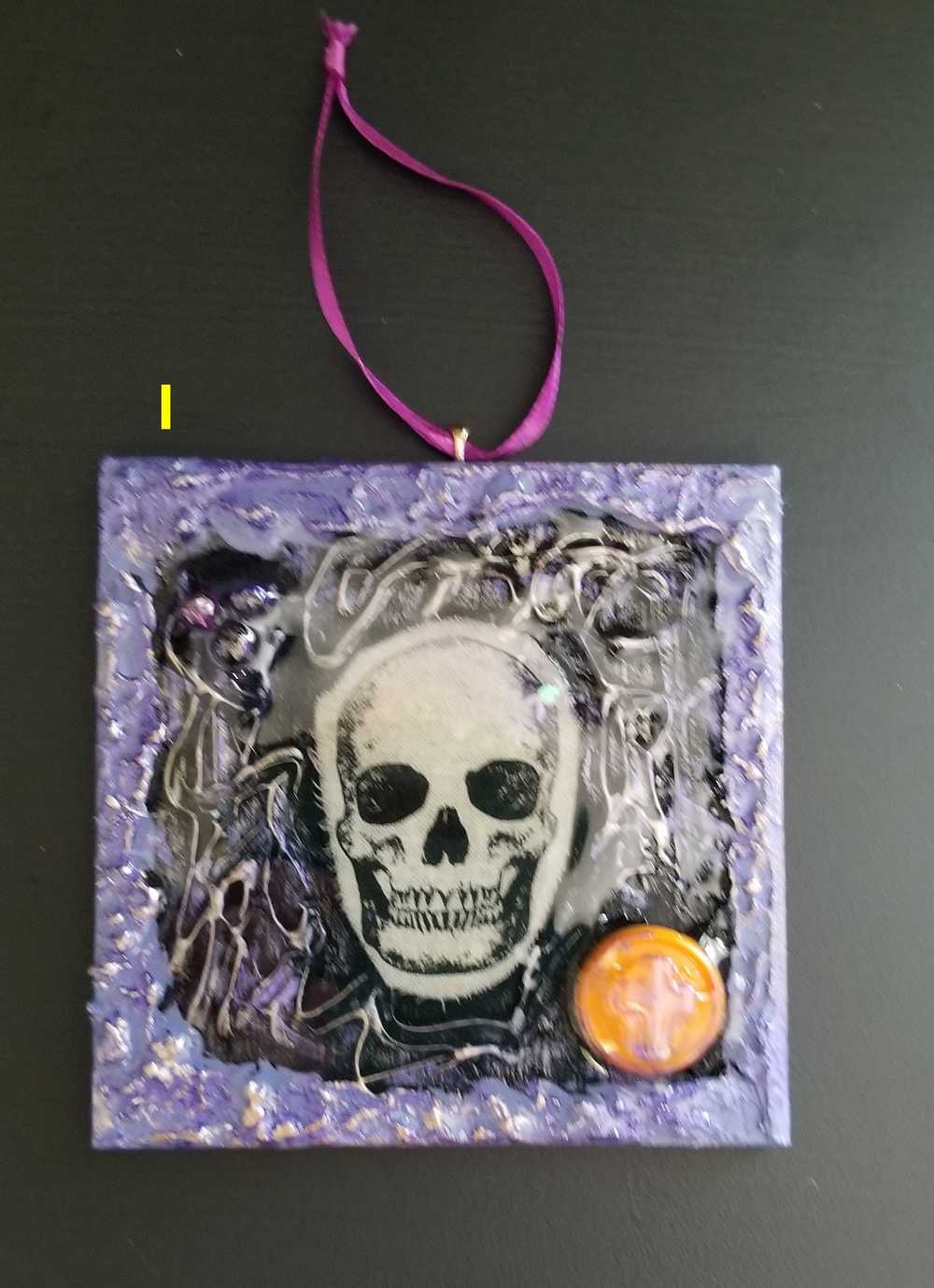 Purple and Black Skull Fabric Faces on Wood Ornaments For your Car, Window, School Locker or Christmas Tree