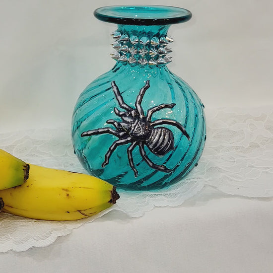 Intense Teal Glass Vase with Shining Silver Studs and a Textured 3D Spider