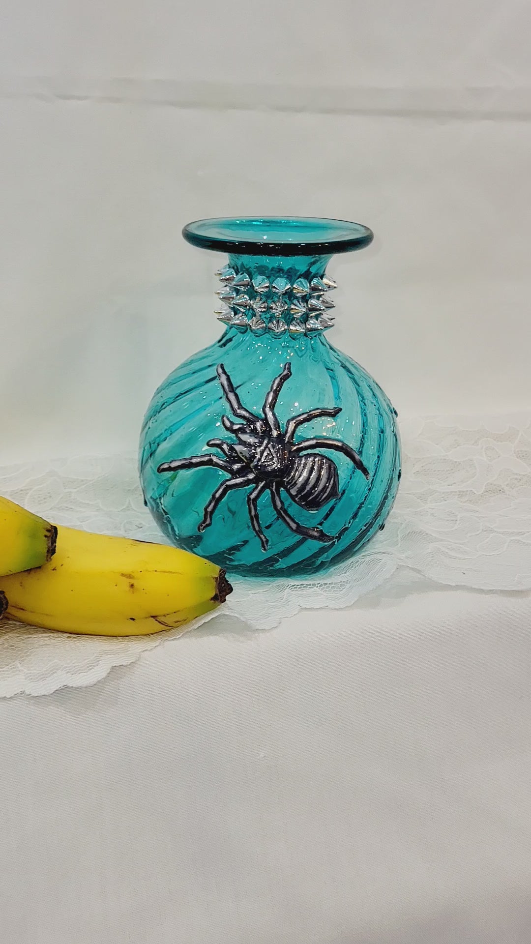 Intense Teal Glass Vase with Shining Silver Studs and a Textured 3D Spider