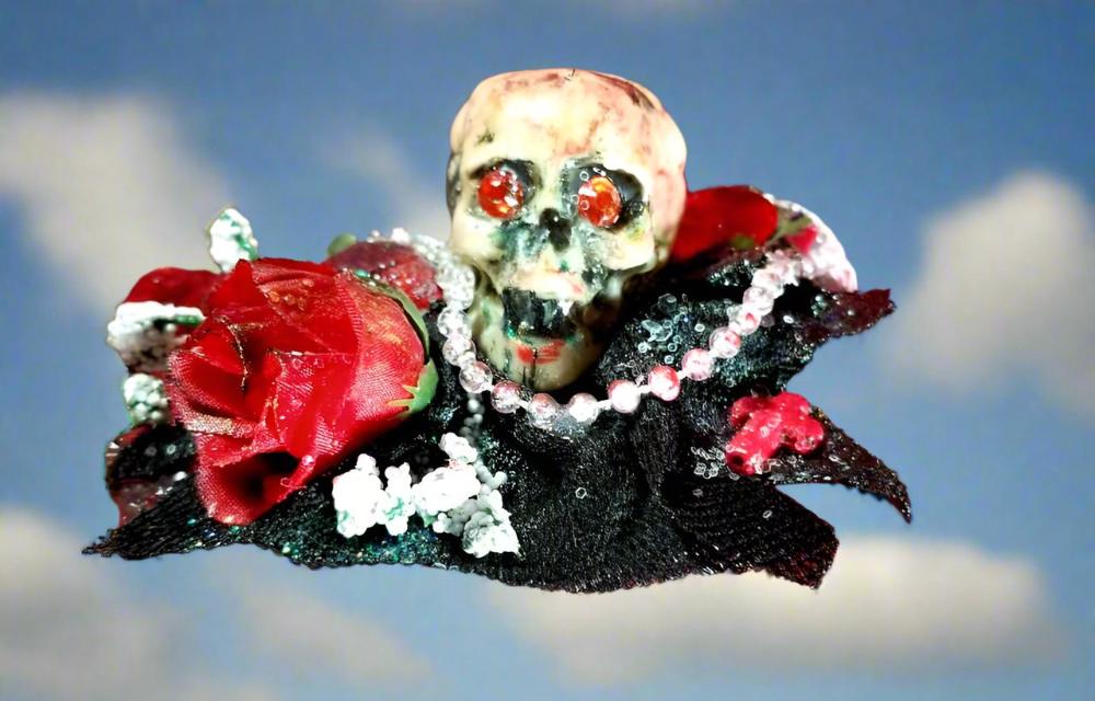 Small Red and Black Jewelry Box with a Skull and a Red Rose