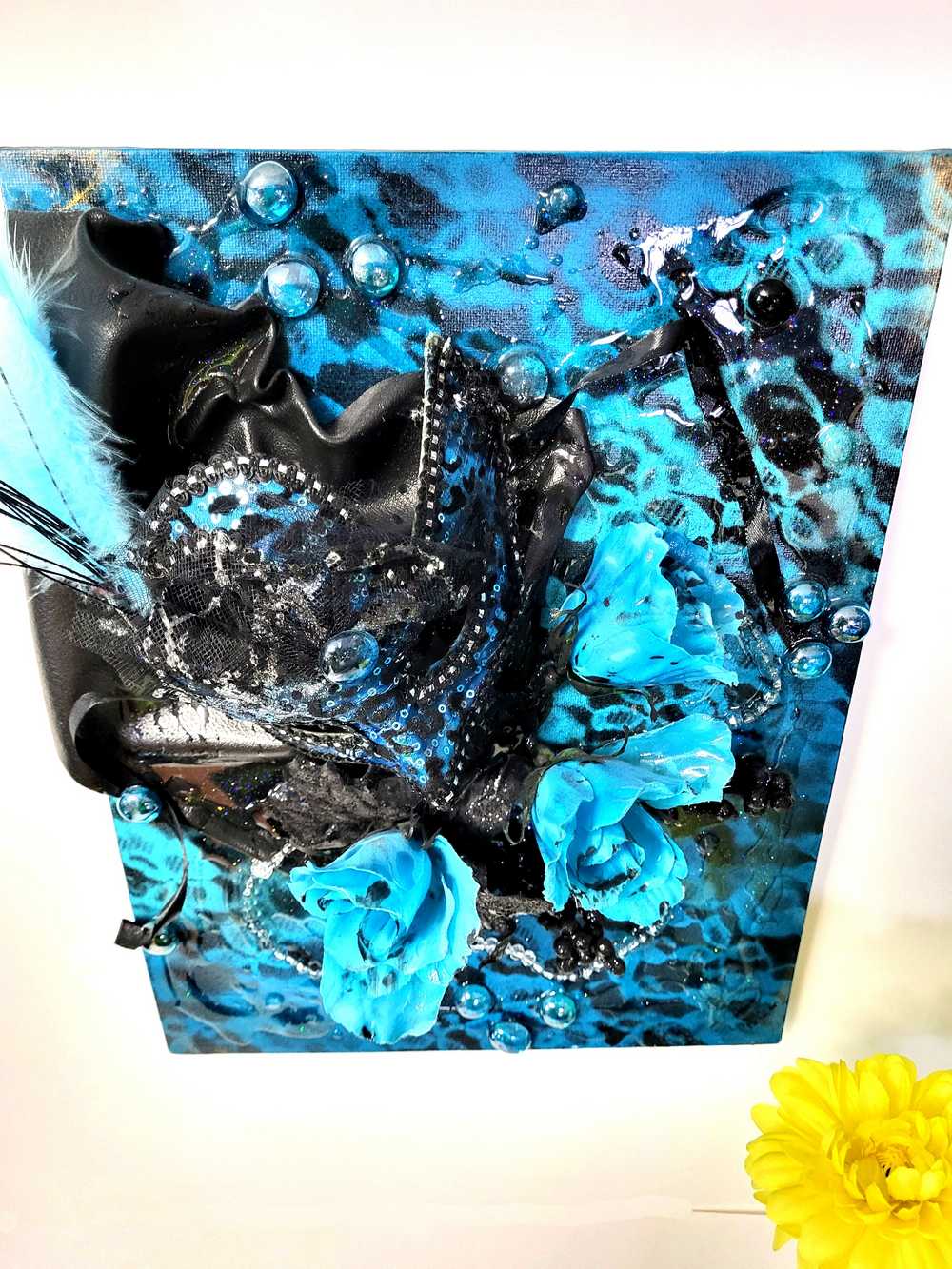 3D Canvas Art with Sexy Teal Blue Mask and Teal Blue Roses, 30 x 40 x 15 cm