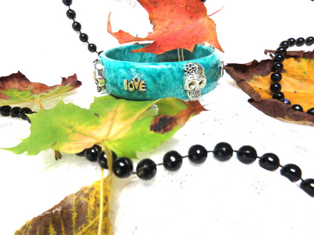 Light Teal Blue Bangle, Bracelet with Skulls and Love Charms