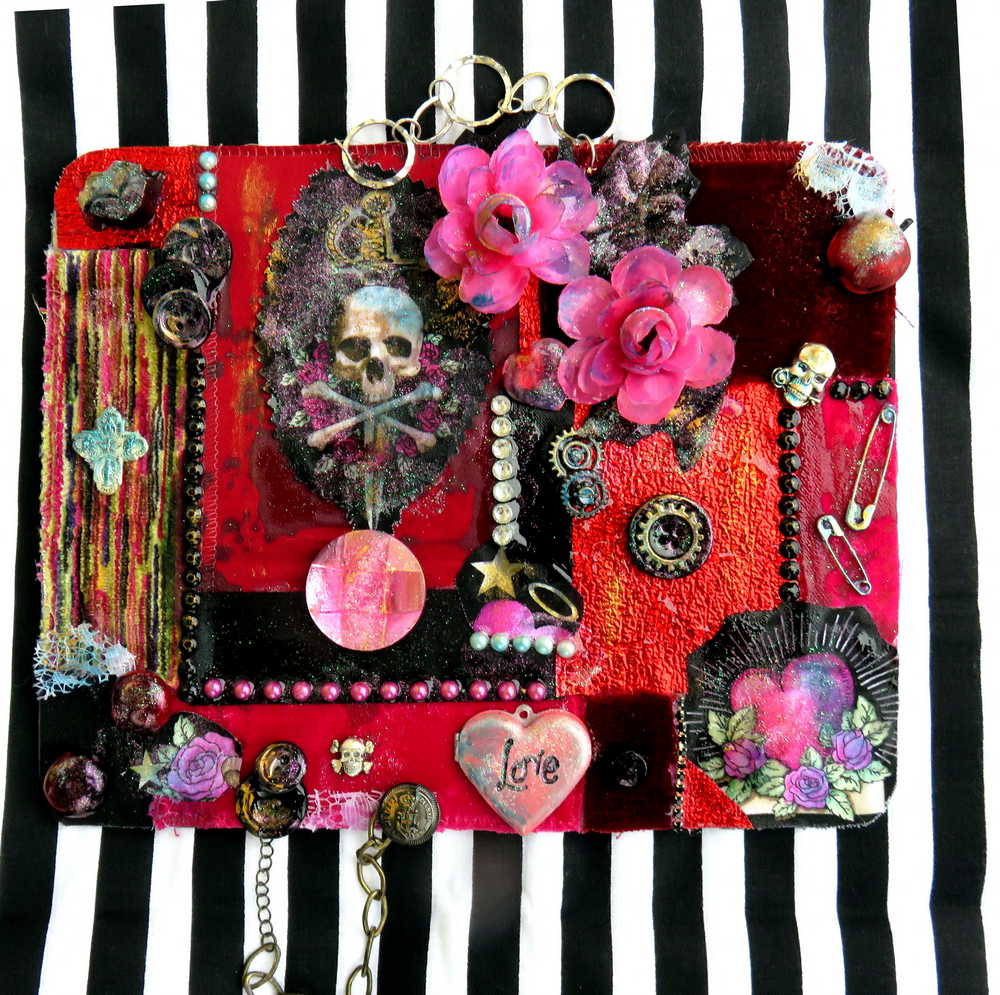 Unique, Red Velvet Skull with Pink Flowers and Picture Frame, Wall Plaque