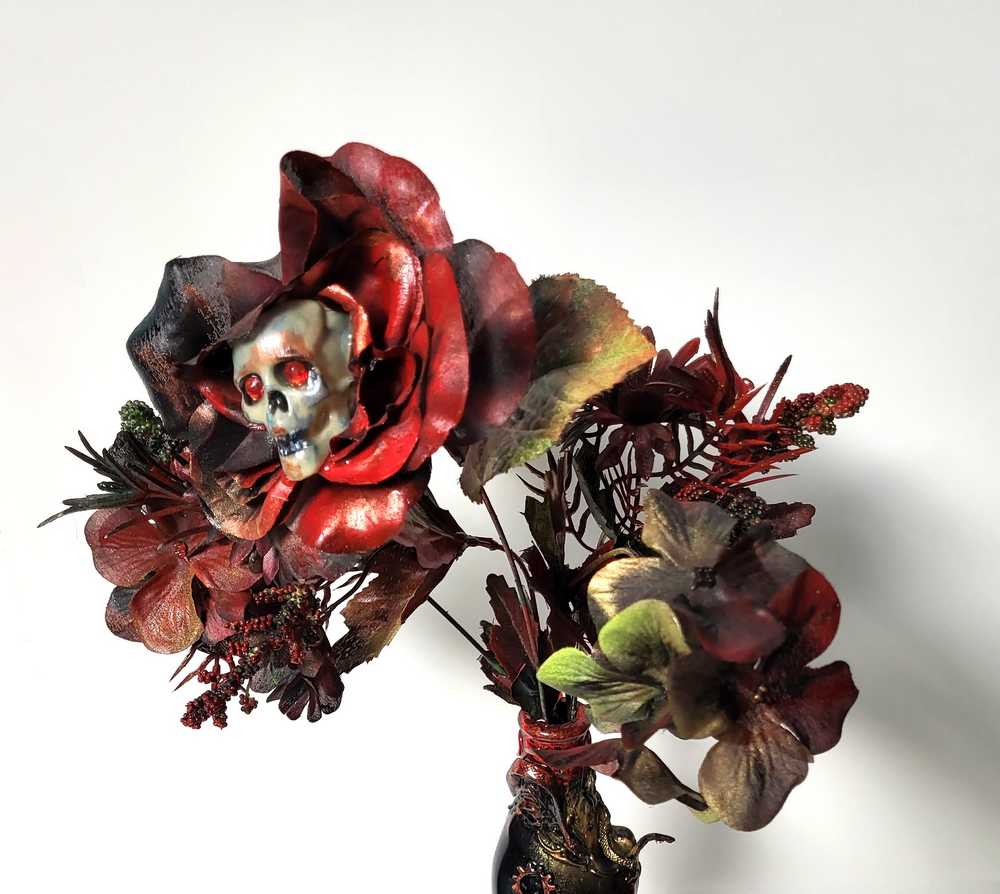 Glass Cat Vase, Red and Black Flowers with Skull and Snake