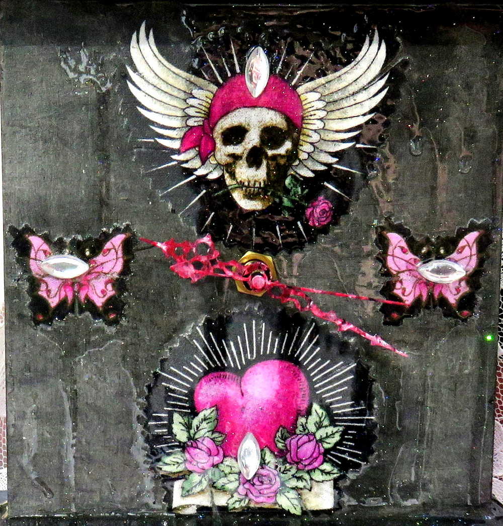 Black and Pink Mantel Clock with Fabric Skull with Wings