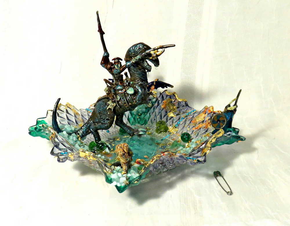 Mutant Troll Warrior Riding a T Rex in a Glass Vintage Dish, Collector Piece 