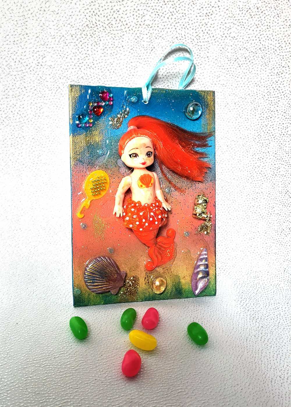 18L x 13W Orange Haired Mermaid Doll on Canvas, Art for The Kid's Room