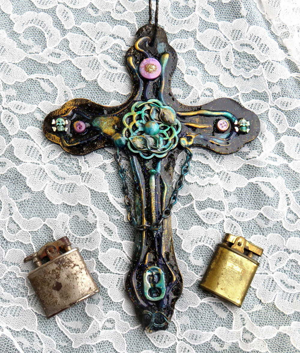 Altered Goth Wooden Cross with Skulls, Chains and Pink Buttons