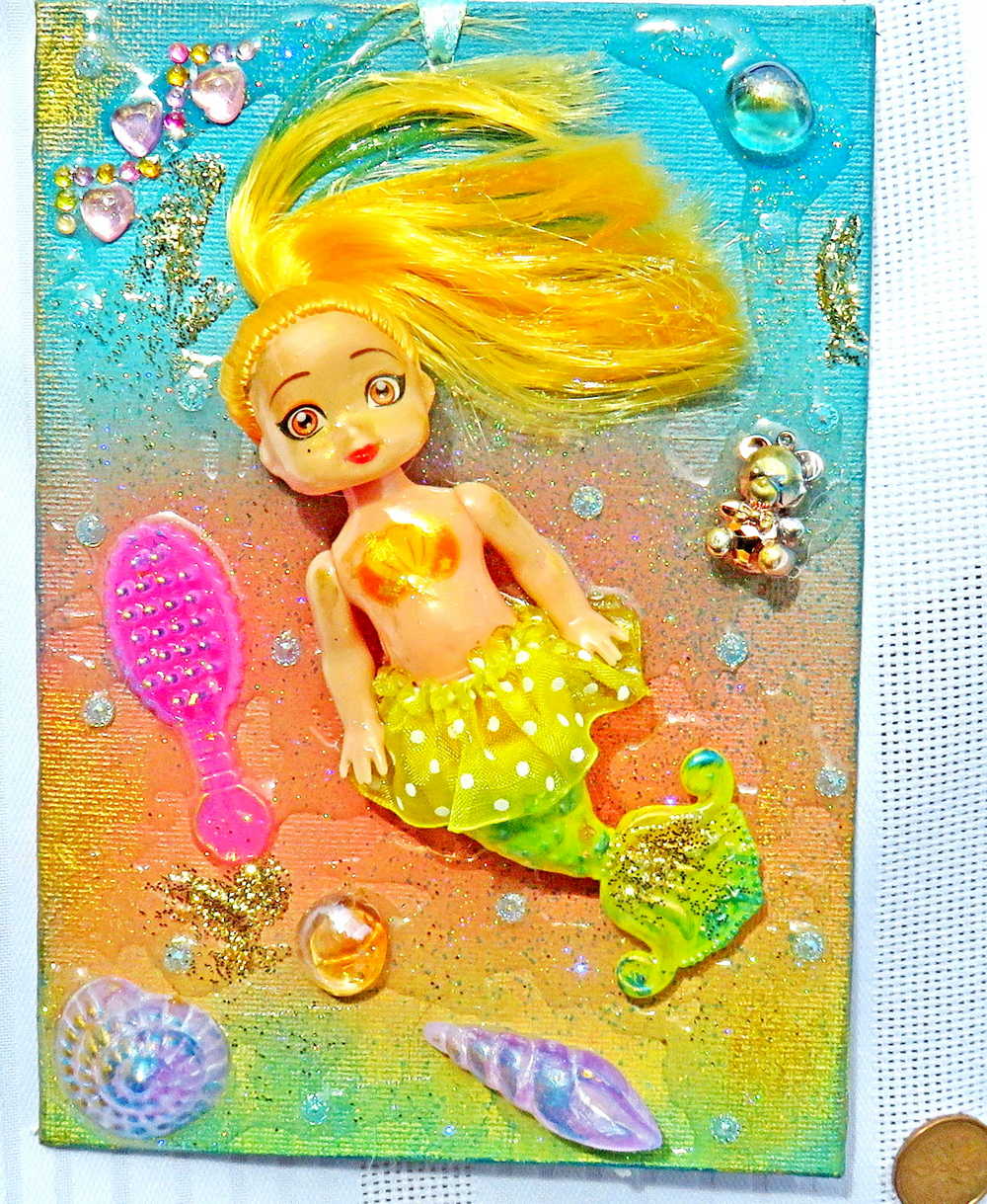 18L x 13W cm Canvas with Blond Mermaid Doll, Wall Hanger for Child's Room