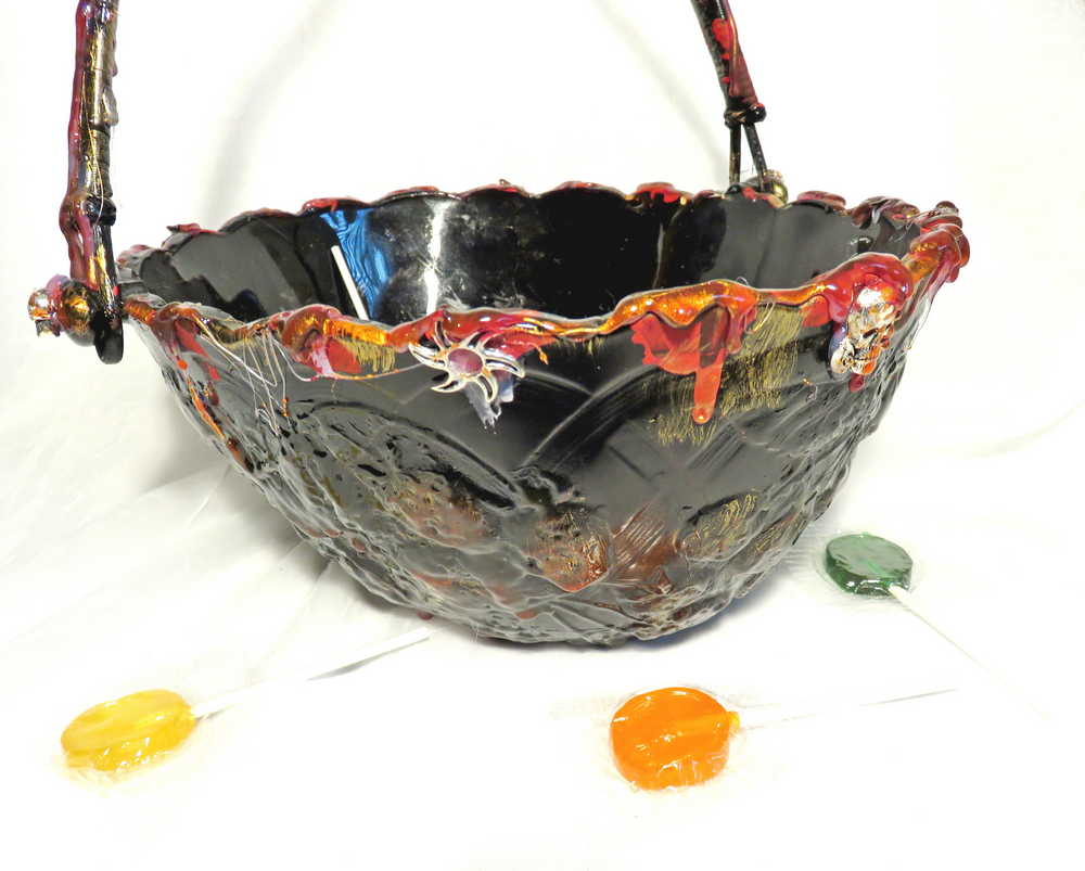 Goth, Altered Vintage Glass Fruit Bowl With Handle and Skull Charms