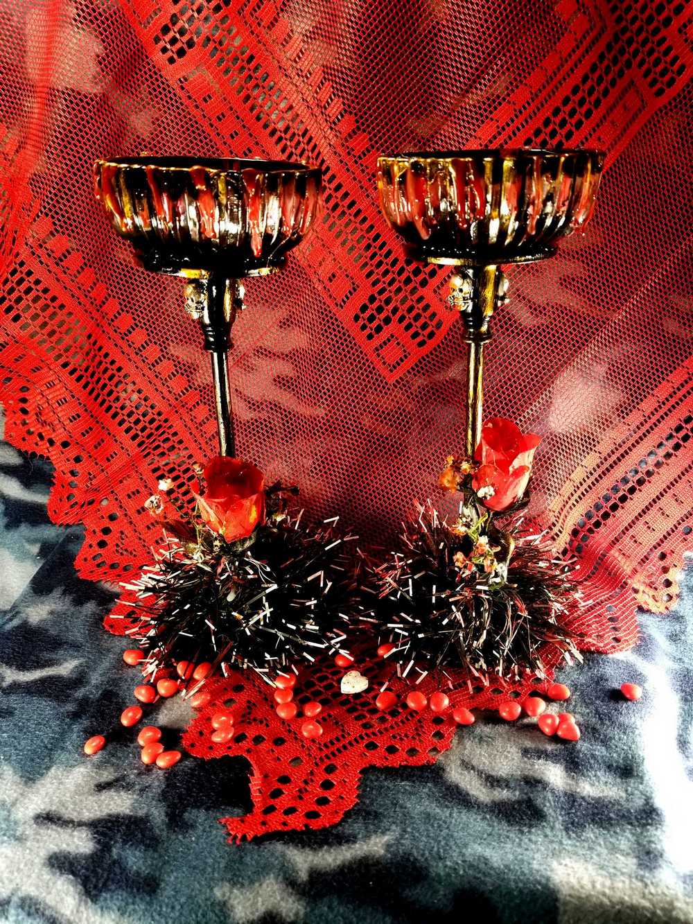 Tall Glass Candy Dishes with Red Roses and Babies Breath